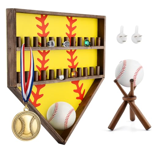 Wooden Championship Ring Display Case for 24 Rings with Medal Hooks | Wall Mounted Wood Ring Holder, Fits Most Ring Sizes, Includes Medal Hooks and Baseball Stand, For Sports Awards Room Decor