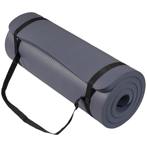 Signature Fitness Extra Thick High-Density Foam Yoga Mat – Multiple Thicknesses (1/2" & 1") / Multiple Colors – Double-Sided Non-Slip Surface – with Carrying Strap for Pilates, Yoga & Home Workouts - color: Graphite