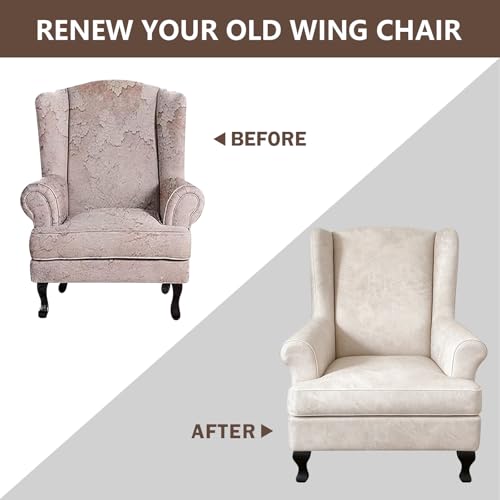 ANARACHON Leather Look Wingback Chair Covers, 2-Piece Wing Chair slipcover,Stretch Wing Back Armchair Slipcovers with Elastic Bottom, Soft Spandex Furniture Protector for Living Room (Beige) - color: Beige