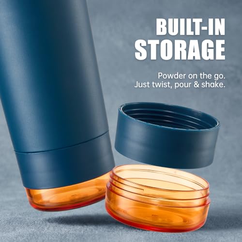 Fijinhom 24 oz Insulated Shaker Bottle with Portable Powder Container. | Leak-Proof Protein Shaker Bottle, 304 Stainless Steel Insulated Water Bottle with Removable Mixer, Measurement Marks, Blue - color: Blue