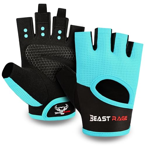 BEAST RAGE Workout Gloves for Men & Women - Fingerless Gym Gloves with Palm Protection, Breathable & Lightweight for Weightlifting, Cycling & Pull Up - color: Cyan, size: Small