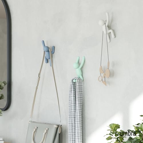 Umbra Buddy Wall Hooks, Wall Mount Coat Hooks, Set of 3, White/Mint/Blue | Easy install with hardware, holds 5lbs per hook, entryway bedroom bathroom dorm, playful hanging storage, recycled plastic - color: White/Mint/Blue
