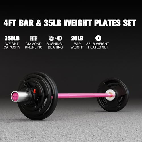 RitFit Barbell Weight Set - 4/6FT Olympic Barbell with Weight Plates (55-115LB Total) - Weightlifting Equipment for Squats, Curls, Deadlifts, Presses, Hip Thrusts - color: Pink, size: 4FT With 35LB Plates