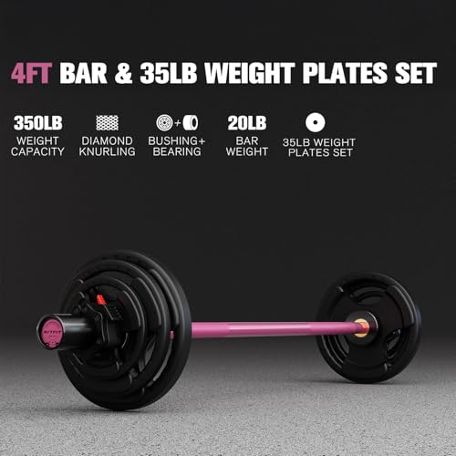 RitFit Barbell Weight Set - 4/6FT Olympic Barbell with Weight Plates (55-115LB Total) - Weightlifting Equipment for Squats, Curls, Deadlifts, Presses, Hip Thrusts - color: Black/Pink, size: 4FT With 35LB Plates