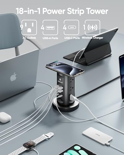 Kakyanill 30W USB Charging Station, Power Strip Tower with 9 AC 8 USB | 6Ft Flat Plug Retractable Extension Cord, for Home Office Dorm, Black - color: Black&Grey