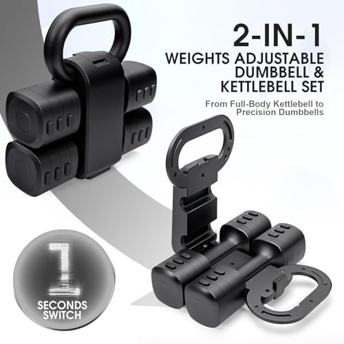 Adjustable 2-in-1 Convertible Kettlebell & Dumbbells Set, 4 in 1 Free Weights Dumbbell Set of 2, Each 2.2 3.3 4.4 5.5lb Quick Change Women Dumbbell Set for Home Exercise Training - color: Black