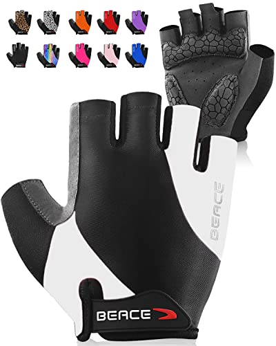 BEACE Gloves for Cycling Bike Biking Half Finger Road Bicycle for Men and Women-5MM Breathable Anti-Slip Shock-Absorbing Pad Gym Motorcycle Light Weight Mountain Bike Gloves - color: Black+White, size: Large