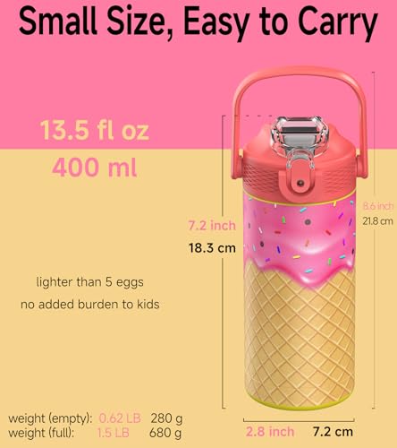 MYFOREST 14oz/400ml Insulated Kids Water Bottle, Odor-free Liner, 3D Touch | No Plastic Taste, Surgical Steel - No Chemical Leaching, Name Spot, Soft Sipper, Gift for Sweet Tooth, Strawberry Ice Cream - color: Strawberry Ice Cream