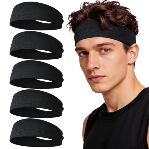 Braylin Sports Headbands for Men, 5-Pack Sweatbands Head Band Unisex Breathable Sweat Wicking Running Cycling Yoga Baseball Workout - color: 01.5Pcs Color-Black
