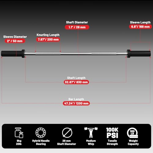 PAPABABE Olympic Barbell, 4ft/5ft/6ft/6.5ft Straight Barbell Womens Olympic Barbell for Strength Training and Technique Adjusting, 2 inch Olympic Bar with Moderate Knurling For Bench Press, Squats Curls Deadlifts Weightlifting - color: 4ft Straight Bar Si
