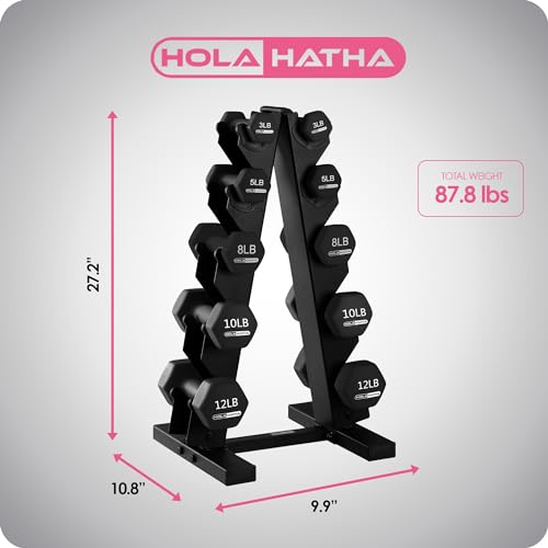 HolaHatha 1, 2 and 3 lb Neoprene Dumbbell Strength Training Weight Set with Rack - color: Black, size: 76 LB