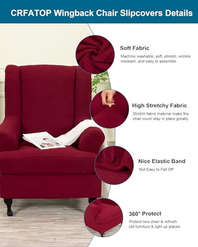 CRFATOP 2 Piece Stretch Wingback Chair Cover Jacquard Wing Chair Slipcovers Spandex Fabric Wingback Armchair Covers with Elastic Bottom for Living Room Bedroom Wingback Chair,Burgundy - color: Color C26-burgundy