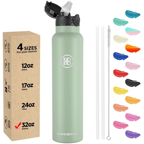 Han's Bottle Sports Water Bottle - 32 Oz, Straw Lid, Leak Proof, Vacuum Insulated Stainless Steel, Double Walled, Thermo Mug,Pine Green - color: Pine Green, size: 32 Ounces