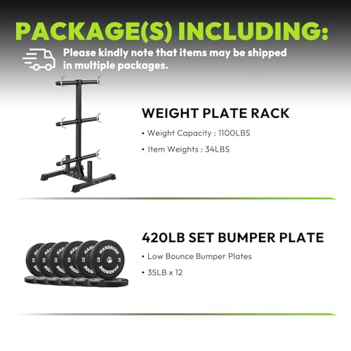 HANDBODE Weight Plate Rack with Barbell Storage, 1100 lbs Capacity | 6-Peg Vertical Holder for 1- or 2-Inch Plates, Heavy-Duty Organizer for Home Gym - style: 420 LB - Set with Rack
