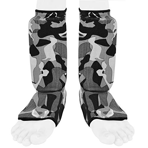 Be Smart Kids, Adults, Youth, Men and Women Muay Thai MMA Kickboxing Shin Guards, Instep Guard Training, Sparring Protective Gear Equipment Shin Kick Pads - color: Gray Camo, size: XXXS ( 3 to 8 Years )