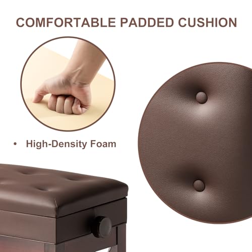 Adjustable Height Piano Bench Stool PU Leather Cushion Wooden Keyboard Seat with Music Storage (Brown) - color: Brown