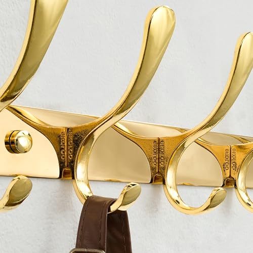 SKOLOO Coat Rack Wall Mounted - 6 Hooks, Pack of 2, Heavy Duty, Stainless Steel, Metal Wall Hangers, Sturdy Coat Hooks for Hanging Coats, Jacket, Clothes, Hat, Bright Gold - color: Bright Gold, size: 6 Hook(2 Pack)