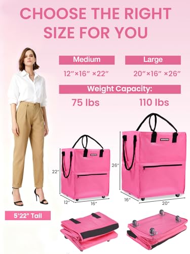 WORKPRO Medium Reusable Grocery Bag on Wheels, Heavy Duty Rolling Shopping Tote with Handle, Folding Trolley on 4 Caster Wheels for Groceries, Laundry, Camping, Moving - color: Pink, size: Medium