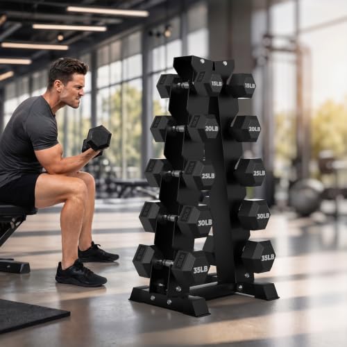 HANDBODE Rubber Coated Hex Dumbbell Set with A-Frame Rack, 100 lb - 600 lb Multiple Options Weight, Hexagon Non-Rolling Shape, Ergonomic Knurled Handle, Home Gym Equipment for Strength Training - style: 250 lb (15, 20, 25, 30, 35 lb) X 2 & Rack