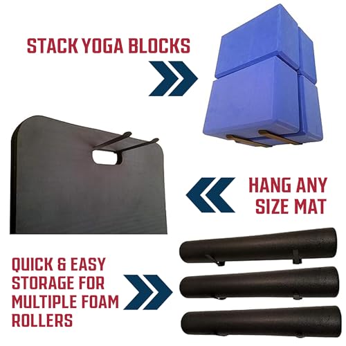 IRON AMERICAN Yoga Mat Hanger - Adjustable Hooks for Exercise Mats, Foam Rollers & Gym Equipment Storage - Wall Mounted - Hardware Included - (6.75" x .75") - American Steel - style: 5-PAIR