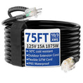 75ft Outdoor/Indoor Extension Cord with Lighted 10/3 Gauge Ultra 3 Prong Heavy Duty SJTW, Waterproof, Flexible Cold-Resistant,15A 125V 1875W, Black - size: 75FT