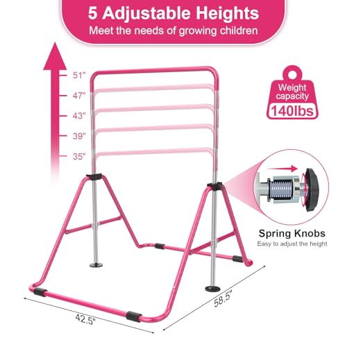 SHIWEI Gymnastics Bar for Kids, Gymnastic Kip Bar 5-Height Adjustable Home | Foldable, Indoor Outdoor Use, 140lb Capacity, for Ages 3-8, with Gymnastics Rings, Anti-Slip & Space-Saving Design - color: Hot Pink