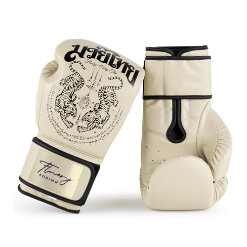 Boxing Gloves, Symmetrical Design with Two Tigers, Training Gloves - color: Beige, size: 16-oz
