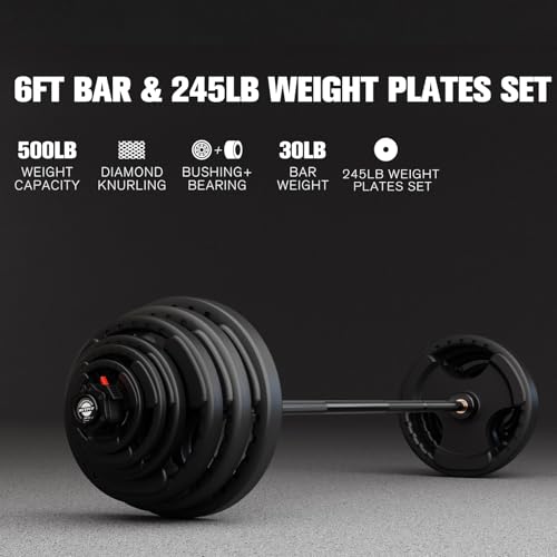 RitFit Barbell Weight Set - 4/6FT Olympic Barbell with Weight Plates (55-115LB Total) - Weightlifting Equipment for Squats, Curls, Deadlifts, Presses, Hip Thrusts - color: Black, size: 6FT With 245LB Plates