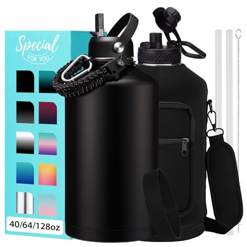 1 Gallon Insulated Water Bottle with Straw - 128oz 64oz Water Jug with Handle Paracord, Straw Spout Lids, Bottle Carrier, Triple Walled Stainless Steel Hydro Bottle, Metal Gallon Water Bottle Large - color: Magic Black, size: 128 Ounces