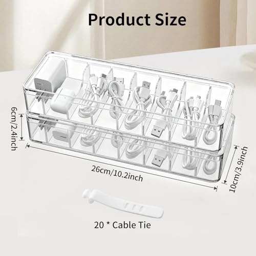 Cable Organizer Storage Box with Lid - Clear Phone Charger Cord Organizer Case - Cables Wire Management Box with Adjustable Compartments 10 Wire Ties for Drawer Desk Office Home Accessories(1 pack) - size: 1 Pack