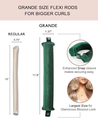 Grande Heatless Curls Overnight Rods No Heat Hair Curlers to Sleep in, Jumbo Foam Large Hair Rollers for Long Hair Blowout Look, Heatless Flexible Curling Rod Set with Satin Wrap for Sleeping - color: Emerald Green