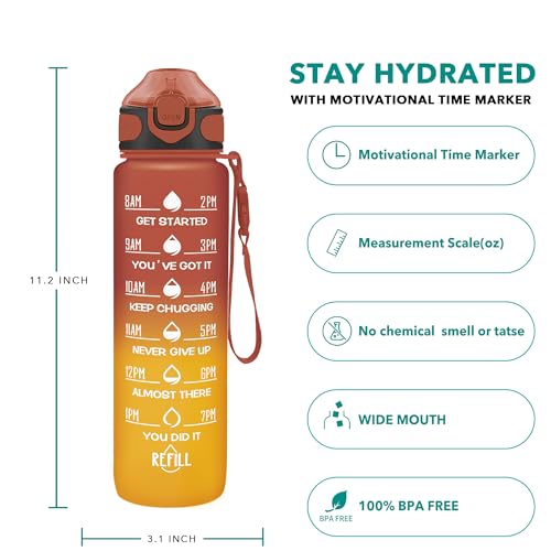 Enerbone 32 oz Drinking Water Bottle with Times to Drink and Straw, Motivational with Carrying Strap, Leakproof BPA & Toxic Free, Ensure You Drink Enough Water for Fitness Gym Outdoor - color: Amberglow