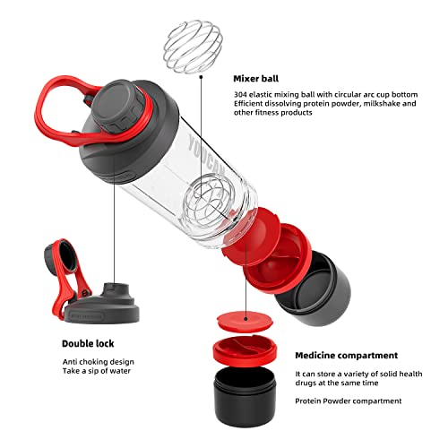 21oz Protein Shaker Bottle with Powder Storage Container-Shaker Cups for Protein Shakes-pre workout bottle-Mixer Cup-Gym Sport Water Bottle -Made with Tritan BPA Free,with Wire Whisk Balls,Red - color: Red