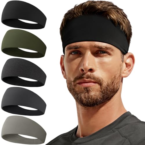 Sweat Band, 5 Pack Headband Moisture Wicking for Running Sports | Workout Sweatband, Unisex Fit, Non-Slip, Skin-Friendly, Multi-Use, Perfect for Exercise, Lightweight - color: Black+Green+Heather Gray+Dark Gray+Light Gray