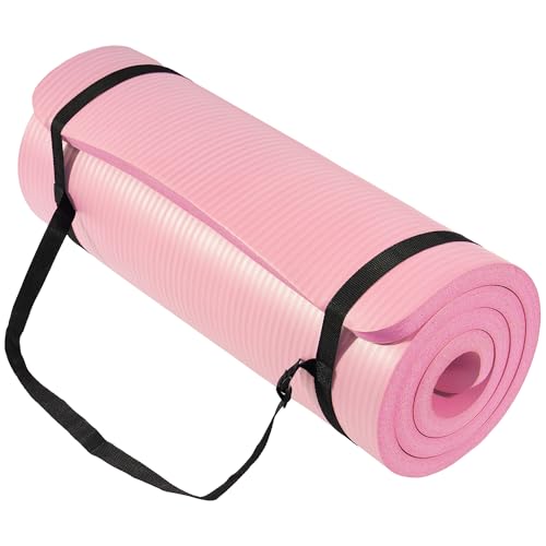Signature Fitness Extra Thick High-Density Foam Yoga Mat – Multiple Thicknesses (1/2" & 1") / Multiple Colors – Double-Sided Non-Slip Surface – with Carrying Strap for Pilates, Yoga & Home Workouts - color: Pearly Pink