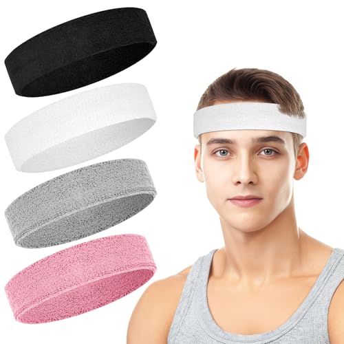 4 Pack Cotton Terry Sweat Headbands for Men Women Running Gym | 4 pack soft cotton terry headbands, Stretch 7 to 15 inches, Sweat-wicking, stays put for running, tennis, basketball & yoga - color: Black/Gray/Pink/White