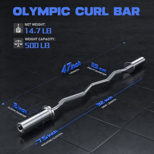 Olympic EZ Curl Barbell Bar, 47" EZ Curl Bar for Weight Lifting, Biceps, triceps, Back/Leg Muscle Group exercise,Chrome Curling Bar for 2 Inch Weight Plates,with 2 Spring Collars - style: 2 inch-Silver
