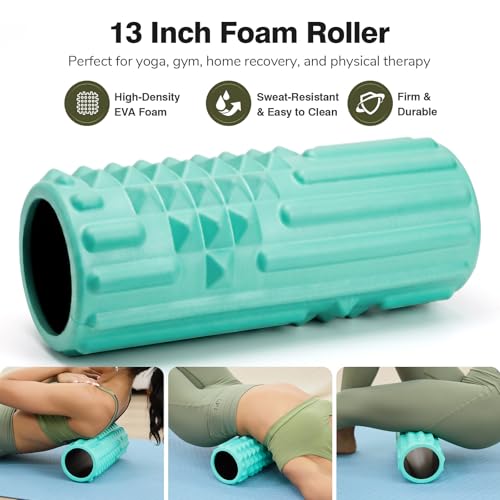 5 in 1 Foam Roller Set - Back Roller Foam, Massage Roller Stick, Massage Ball, Resistance Band for Physical Therapy & Deep Tissue Muscle Massage (Green) - color: Green