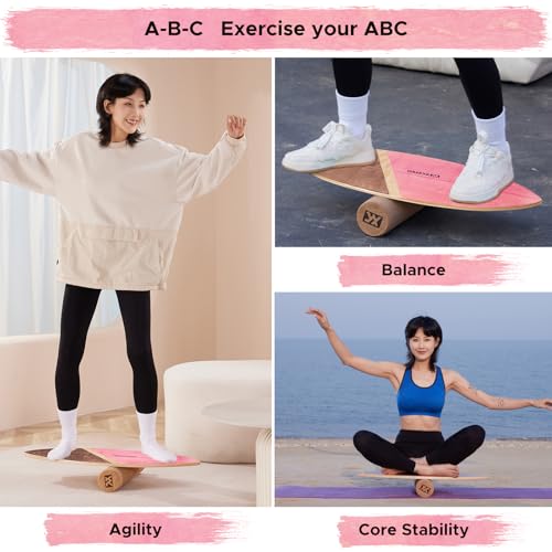 XCMAN Surf Balance Board Trainer with Roller Wooden Exercise Balancing Stability Trainer - Non Slip Surface for Adults Kids|Balance Board for Surfing,Snowboarding,Skateboarding,Hockey,Yoga Training - color: Leaf Pink
