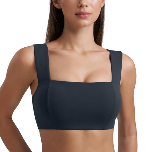 CRZ YOGA Butterluxe Wide Strap Sports Bras | Light Support, Removable Pads, Yoga, Extremely Soft, Square Neck, Front Split Line, for Women - color: True Navy, size: Large