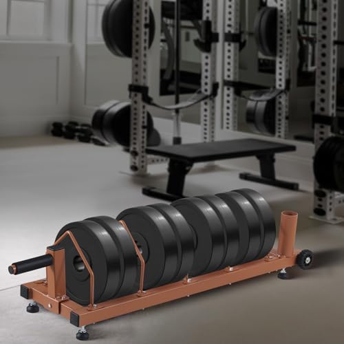 42''L x 13.6''W x 5.1''H Horizontal Weight Plates Rack Olympic Bar Storage Rack Organizer with Handle and Rolling Wheels Brown