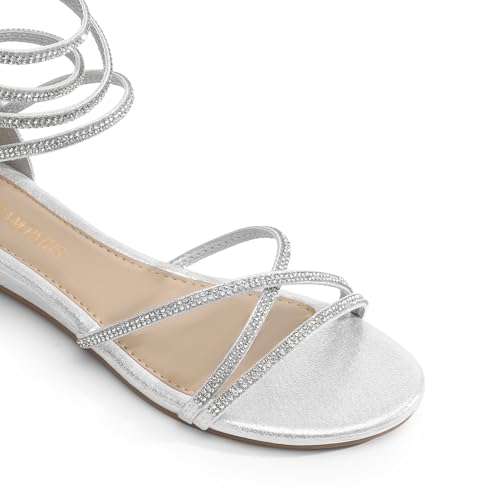 DREAM PAIRS Women's Ankle Strap Flat Sandals Summer Dressy Strappy Gladiator Rhinestones Sandals - color: Silver, size: 6