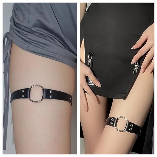 Adjustable Elastice 2 Rows Leather Leg Harness Garter Belt Punk Gothic Thigh Ring Garter - color: Black Ring & Black Band