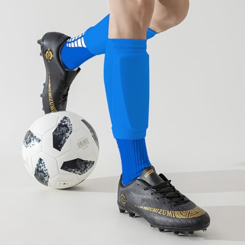 Soccer Socks with Shin Guard for Men, 1 Pairs Mens Grip Soccer Socks and 1 Pairs Shin Sleeves with Shin Guards, Footaball Equipment Shin Sleeves with Pads for Adults - color: blue