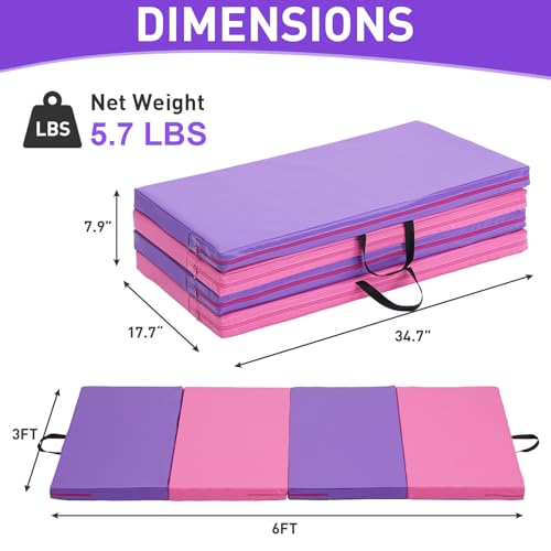 Gymnastics Mat, 3FTx6FT / 4FTx8FT 2" Thick Folding Kids' Gymnastic Tumbling Mat for Home Gym Exercise & Play - color: 3x6FT-Pink&Purple