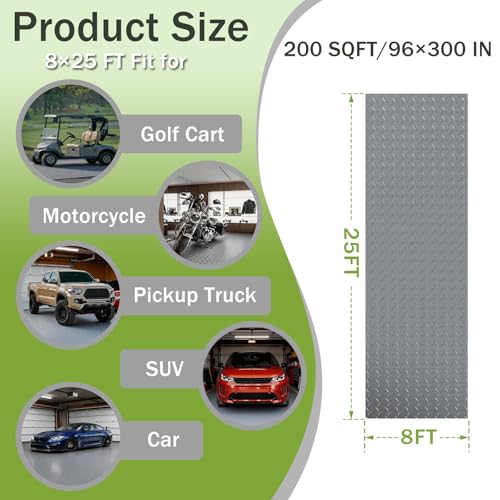 8x25 FT Garage Floor Mat, 2.8mm Thickened Flooring Roll for Under Car Diamond Plate PVC Rubber Mat with 20 Pcs Tapes, Non-Slip Floor Mat for Garage, Warehouse, Gyms, Trailer,Grey - color: Gray, size: 8x25 FT