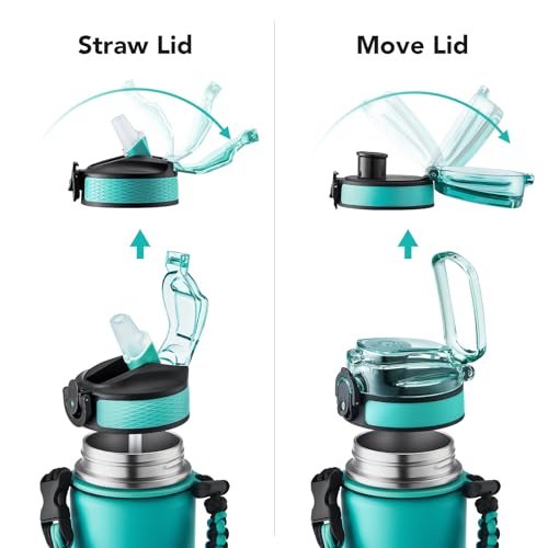 GOSWAG 24oz Insulated Stainless Steel Travel Water Bottle, 2 Lids | with straw and no straw, Paracord handle, Double-wall vacuum keeps drinks cold or hot, Leakproof tumbler - color: Green-Blue Ombré