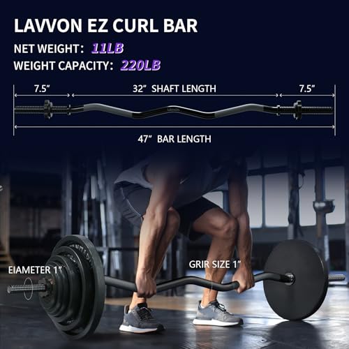47" EZ Curl Bar Weight Lifting Bar, 1-inch Curling Bars for Weight lifting | Barbell bar for Hip Thrusts/Squats/Lunges for Gym and Home, With 2 Star Double Risk Star-nuts (220lb Weight Capacity) - color: Black