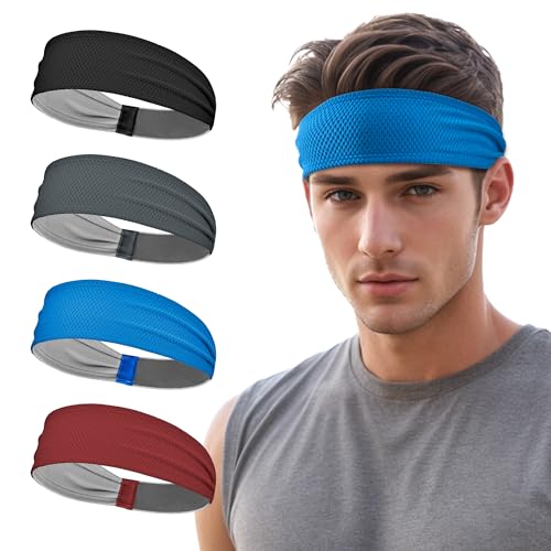 Sukeen Sports Headbands for Men, Moisture Wicking Sweat Bands Headbands Non-Slip, Breathable Elastic Sweatband, Running Headband for Yoga, Tennis, Fitness Workout - color: Black/Dark Gray/Blue/Wine Red