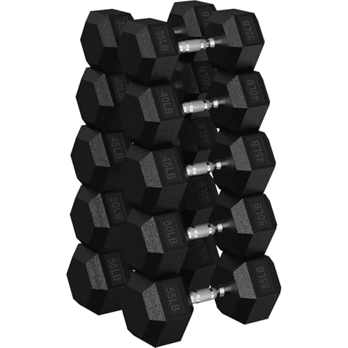 Hex Dumbbell Sets, 90-640 lb Rubber Encased Exercise & Fitness Dumbbells Set, Hand Weight for Strength Training, Weight Dumbbells - size: 450 lb Set (Pair of 35, 40, 45, 50, 55 lb)